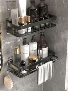 1个防锈淋浴角置物架，带挂钩，壁挂式粘胶淋浴收纳架，浴室储物架，壁挂式悬浮置物架() 浴室配件 浴室工具 - 黑色 - 查看 1