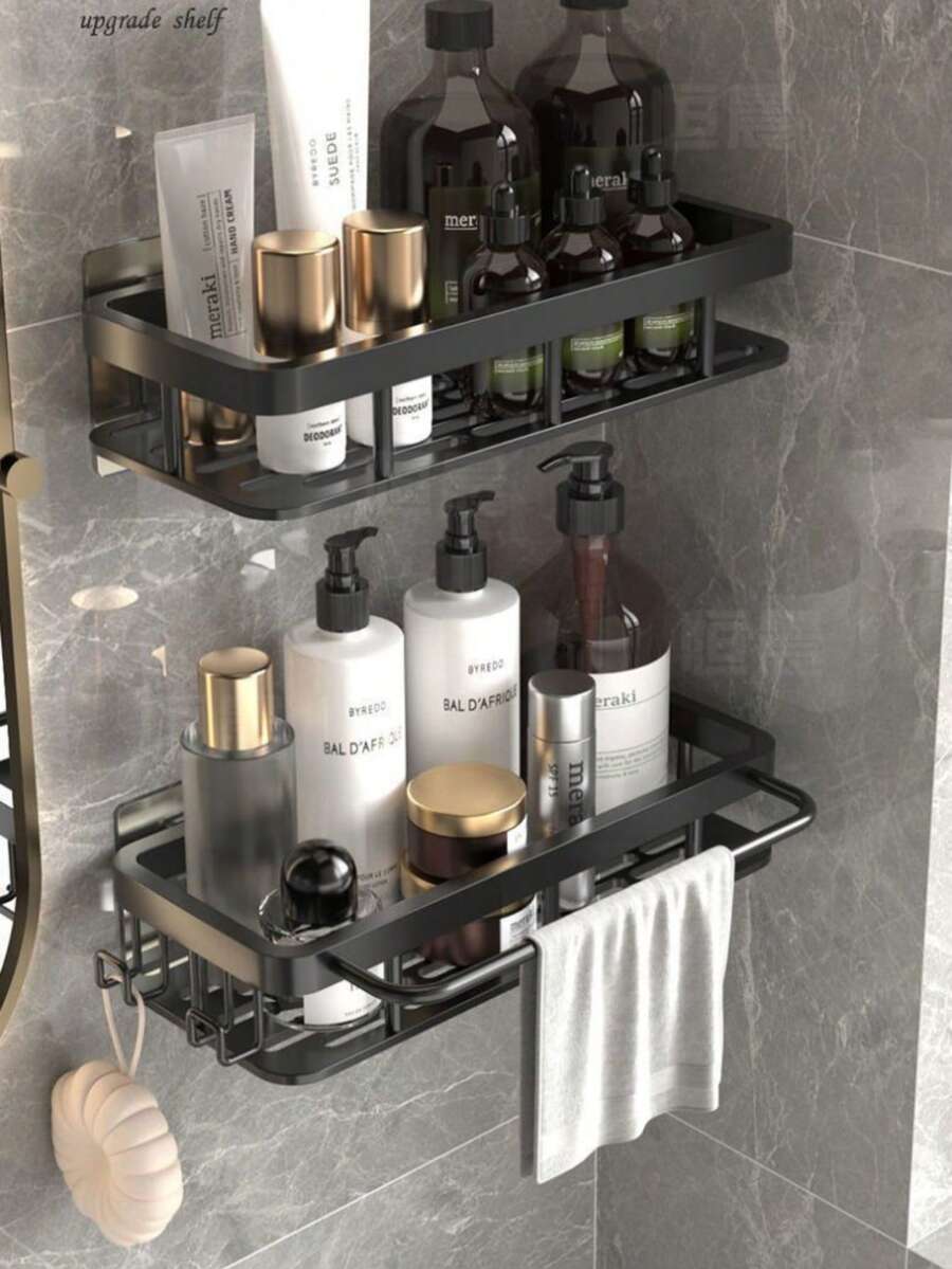 1个防锈淋浴角置物架，带挂钩，壁挂式粘胶淋浴收纳架，浴室储物架，壁挂式悬浮置物架() 浴室配件 浴室工具 - 黑色 - 查看 1