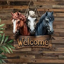 1 pezzo Insegna di benvenuto rustica a cavallo piatta 2D - Arte murale in stile fattoria in legno, decorazione per esterni resistente agli agenti atmosferici con quattro cavalli colorati e foglie verdi, perfetta per portico, giardino, casa - Regalo per gli amanti dei cavalli, decorazione per cavalli, estetica di campagna, materiale durevole, 2D piatto
