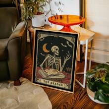 1 pieza Impresión de arte de pared de lector de tarot gótico, Halloween esqueleto amante de los libros, póster de bruja de biblioteca con símbolos sagrados, decoración sin marco de academia oscura para dormitorio espeluznante/rincón de lectura, regalo místico y decoración de fiesta (Impresiones de pared ocultas de vuelta al colegio)
