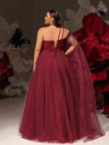 VIPGIRL Elegante vestido de noche de talla grande color borgoña con abertura alta, adornado con detalles asimétricos de lentejuelas y mangas de gasa fluidas, apropiado para fiestas elegantes, galas y ocasiones formales - Burdeos - Ver 2