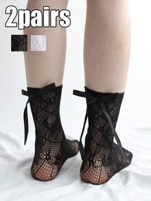 2双装女婴可爱蕾丝蝴蝶结装饰提花网眼短袜，适合夏季女童