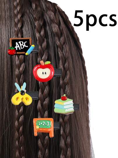 5pcs Back To School Mini Clips - Faux Painter's Palette, Ruler, Stationery, Apple Design Hair Clips