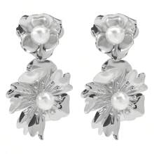 1 Par de pendientes elegantes y únicos de diseño asimétrico de doble capa con flores, para mujeres