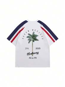 Koszulka z krótkim rękawem w kontrastowym kolorze z nadrukiem w stylu retro American Retro Coconut Tree T-shirt dla par, na wakacje, na lato