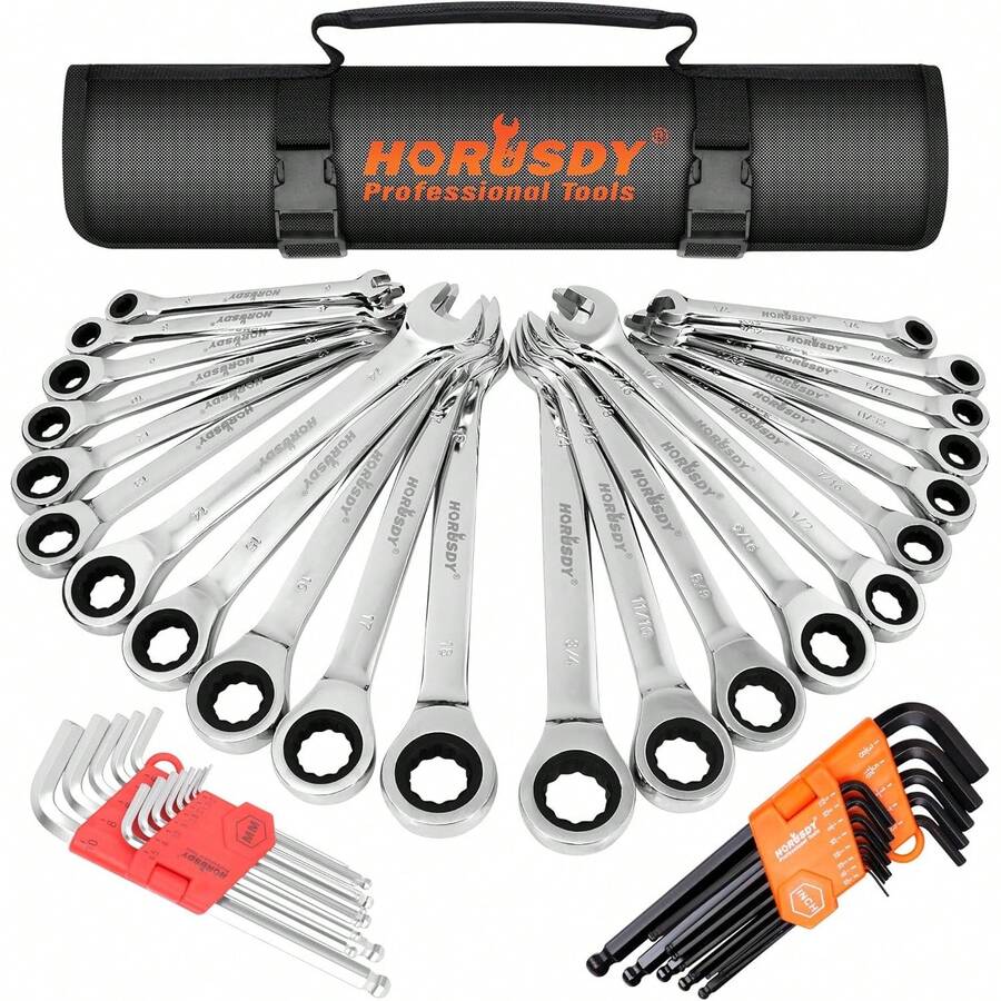 Local Delivery-HORUSDY Ratcheting Wrench Set | 48-Piece | Cr-V Steel | 72 Teeth Ratchet Wrench 6-18mm & SAE 1/4-3/4" | With Roll Up Pouch And Allen Wrench - default - View 1