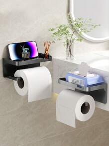 1pc Wall-Mounted Toilet Paper Holder With Storage Shelf - Black, Self-Adhesive, No-Drill Design For Bathroom, Kitchen, Or Hotel - Ideal For Holding Toilet Paper, Phone, And Accessories, Accessory Holder Modern Wall Shelf Durable Plastic, Toilet Paper Holder Back To School