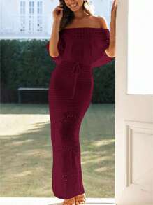 Vestito lungo elegante da donna, con spalline scoperte, allacciatura e coulisse, ideale per spiaggia, vacanze, occasioni casual, colore unico, adatto anche per Pasqua, crociera, estate