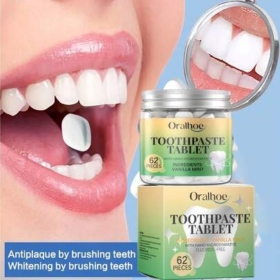 62 قرص مع معجون أعشاب النعناع السفري، لتنظيف ولتزيل البقع في الفم وتمنح نفحة منعشة طويلة الأمد وتحارب رائحة الفم الكريهة ، مناسب للاستخدام اليومي والسفر للرجال والنساء والعائلة