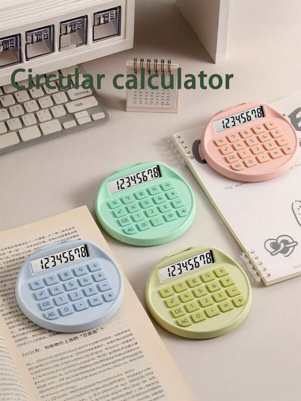 1 Set Round Shaped Office Calculator, 8-Digit Display, 4 Color Options, 45° Ergonomic Angle, Single-Handed Grip & Portable, Material Suitable For School, Home, Supermarket, Bank Use School Supplies,Back To School