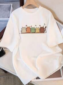 Camiseta de manga corta para damas con estampado de patrones, top de cuello redondo suelto y casual, se puede lavar aáquina para comodidad durante las cuatro estaciones. - Blanco - Ver 1