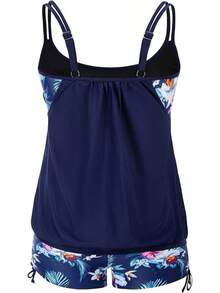 Womens Plus Size Striped Printed Strappy Tankini Top With Shorts Two Pieces Swimsuit - Navy Blue Floral - View 2