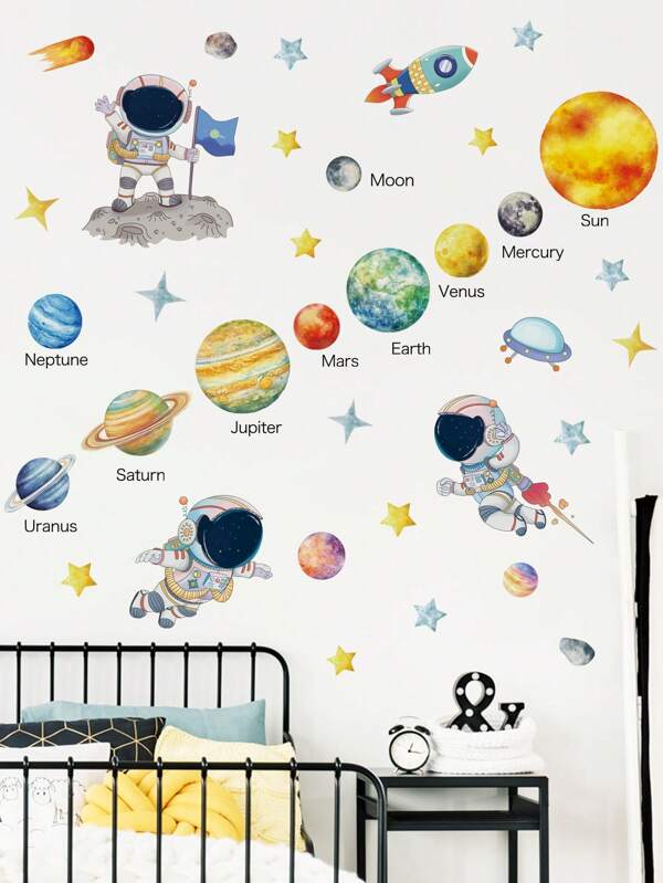 2 folhas de adesivos de parede infantis com sistema solar de 63 x 31,5 polegadas, decalques de parede de astronauta, estrelas, OVNI, planeta, espaço, nave espacial, decoração de parede para quarto de bebê, menino, menina, sala de estar, sala de jogos, sala de aula, decoração de casa, adesivos personalizados
