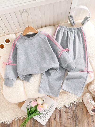 Toddler Bow Decor Warm Crew Neck Sweatshirt And Pants Set
