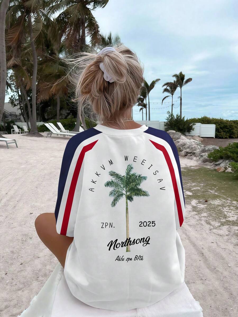 Raglan Sleeve Contrast Color Design American Retro Coconut Tree Print Short Sleeve T-Shirt For Couple, Vacation Season Summer Wear - White - View 1