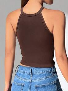 1pc Plain Ribbed Casual-Comfortable Minimalist Sports Casual Romantic-French Sleeveless Scoop Neck Tank Top With Padded, For Workout