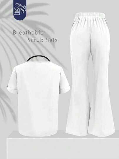 Conjunto de uniforme de enfermería con top de manga corta cuello en V liso y pantalones largos divididos con bolsillos, adecuado para atención médica privada, clínicas veterinarias y trabajo de enfermería