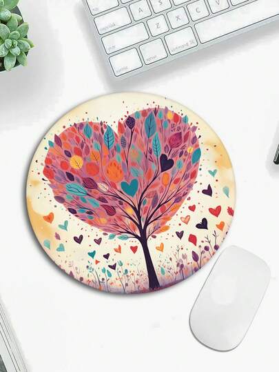 Alfombrilla de ratón redonda pequeña con patrón de corazón y árbol, base de goma impermeable y antideslizante, adecuada para portátil y accesorio de escritorio de oficina, vuelta al colegio, alfombrilla de ratón para juegos, accesorios de escritorio, suministros de oficina, accesorios de escritorio, alfombrilla de ratón para escritorio