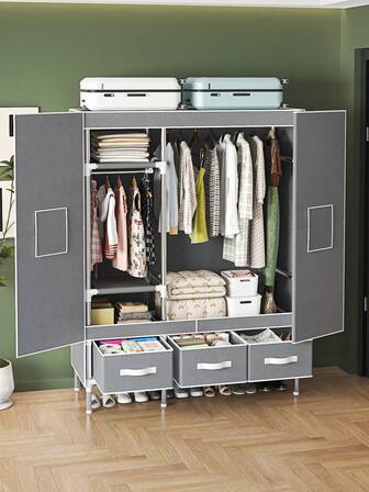 Armario de gran capacidad; Puerta doble magnética; Exterior de unicolor, estilo minimalista moderno, estructura de marco de tubos de acero, diámetro de tubo talla grande grueso (19 mm) resistente y duradero, patas elevadas para guardar zapatos, cajón inferior y espacio de almacenamiento, estantes de almacenamiento multinivel y área de colgar internos, adecuado para el hogar, dormitorio, alquiler, apartamento, armario de almacenamiento de ropa durante todo el año / 112x45x170cm