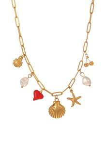 1 pieza Collar con diseño elegante de lujo ligero de estilo bohemio y océano, con mariquita, estrella de mar, sol, concha y caracol, adecuado como regalo de graduación, para mujer, hermana, pareja, para usar diariamente, citas, fiestas, vacaciones de verano, playa
