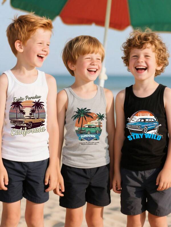Juego de 3 camisetas de tirantes casuales para niños pequeños con estampados de letras, palmeras de verano y coches, diseño minimalista