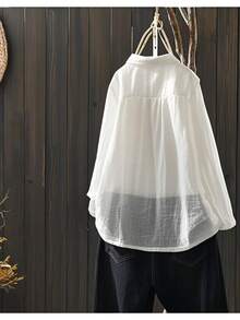 Women's Casual Loose Plain Sheer Long Sleeve Shirt - White - View 2