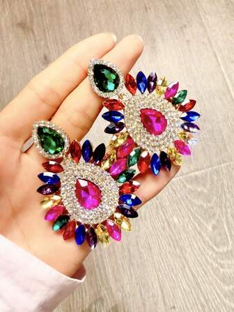 一对时尚彩色玻璃锆石水晶向日葵耳钉，经典奢华欧美风格，优雅百搭