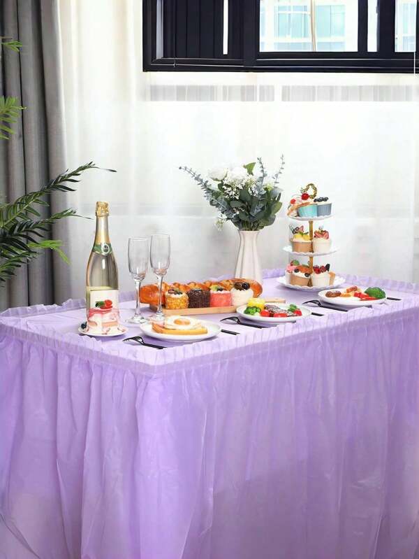 1 Set Rectangle Tablecloth & Skirt, PEVA Plastic Waterproof Oil-Proof Stain-Resistant Table Cover Decor Set For Wedding Party, Disposable Tablecloth & Skirt