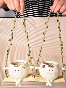 1 pièce Pot de fleurs à tête souriante et brillante avec balancier, petit pot suspendu pour plantes d'intérieur et d'extérieur, joli pot de fleurs suspendu pour plante à perles, pot de résine pour succulentes heureux