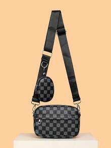 男士迷你斜挎包两件套 - 单肩包和零钱包，防水，可调节肩带，旅行必备，夏季 - 黑色 - 查看 2