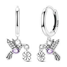 925 Silver Purple Hummingbird Four-Leaf Clover Earrings Drop Earrings - Lucky Fine Jewelry Gift (St. Patrick's Day/Everyday Elegance)