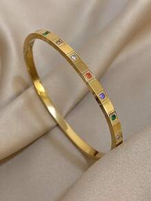 1 件彩色锆石方形手链不锈钢手链女士优雅金色手镯适合生日日常派对珠宝礼物 - 彩色 - 查看 8