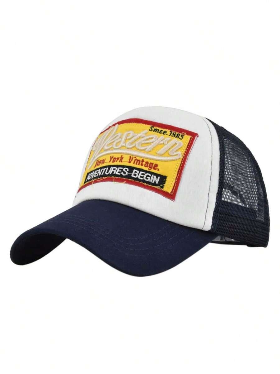 Embroidered Baseball Cap, Patch Embroidery Mesh Baseball Hat Sun Visor Cap - Navy Blue - View 1