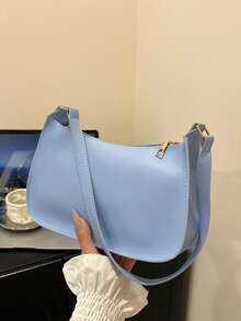 תיק כתף מינימליסטי עם רוכסן בצבע אחיד, תיק אופנתי בצורת סהר, תיק כתף עם רוכסן ארנק דמוי עור בצבע אחיד נרתיק הלבשה תחתונה בורדו, מתנה אידיאלית לשנה החדשה נרתיק הלבשה תחתונה אופנתי בצבע בורדו - כחול - ראה 4