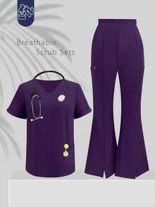 Conjunto de uniforme de pijama médico con top de cuello en V de manga corta y pantalones con abertura en la pierna, con bolsillos, para enfermería, veterinaria, hospital o cuidados privados, primavera - Morado Violeta - Ver 3