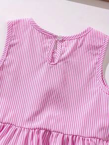 2 Piezas Conjunto de Fiesta y Verano: Parte superior con cuello redondo a rayas, volantes y lazo + Pantalones cortos a rayas con cordón y decoración de mariposa, adecuado para uso en exteriores - Rosa - Ver 9