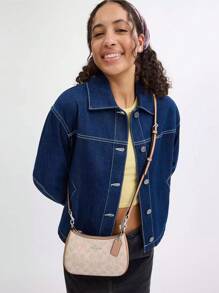 Coach Teri 20 Bolsas de Ombro para Mulheres, Bolsa Hobo Linda em Lona com a Marca Registrada, Mini Bolsa Clutch com Fecho de Zíper, Bolsa Crescent com Alça Destacável