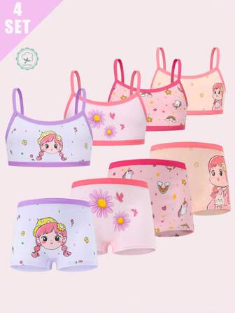 Conjunto de 4 piezas de ropa interior tipo top de algodón con estampado de dibujos animados para niñas, suave y cómodo