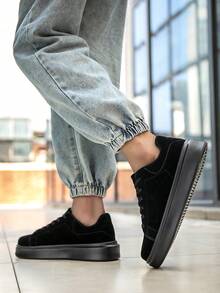 男士时尚纯色皮革拼接舒适低帮减震休闲运动鞋，经典复古户外日常百搭街头潮流平底情侣滑板鞋