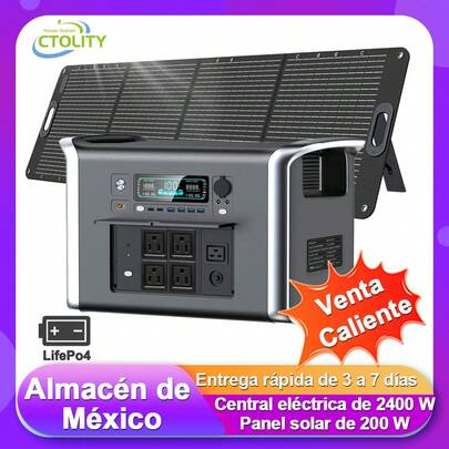 Estación de energía portátil CTOLITY AP2000 con panel solar de 200 W y 20 V, batería LiFePO4 de 2048 Wh, generador de energía solar de 2400 W y 640 000 mAh para acampar al aire libre en casa.