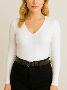 Long Sleeve Winter Blouse V Neck Ribbed Ribbed Simple Casual Everyday - Off - View 4