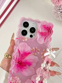 Flower Floral Pattern Painted Braided Transparent Bracelet Phone Case, Flat Printed, Anti-Drop, Fashionable And Cute, Compatible With Iphone 16/16 Pro/16 Pro Max/16 Plus, IPhone 14, IPhone 15, Xs, Xr, 7/8/Plus, S25, A14, A15, A16, A24, A36, A35, A24, A13 Phones Waterproof Shockproof Scratch Resistant