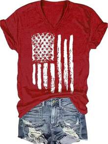 4th Of July V Neck Patriotic T-Shirts Women American Flag Print Faith Family Freedom Letter Casual Short Sleeve Tee Tops Halloween Christmas New Year - 紅色-2 - 查看 1