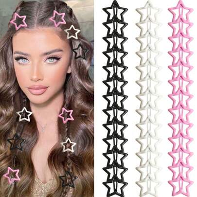 12个/套 黑色、白色、粉色油滴星形发夹，发饰，爪夹，发卡，发夹，学生用品，粉色发夹，可爱配饰，少女风，发饰，情人节配饰，头部配饰，发卡