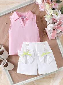 2 peças/Conjunto Top Sem Mangas e Shorts com Estampa Floral Fofa Jovem, Verão