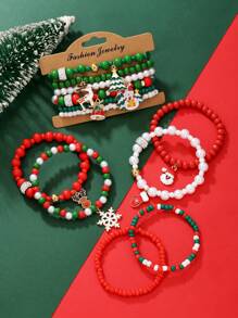 6pcs/Set Fashionable Christmas Bracelets With Pearl, Resin, Cubic Zirconia, Stainless Steel Deer, Christmas Tree, Snowflake, Snowman Charms, Handmade Beaded Bracelets Set For Women, Daily Wear, Holiday Party, Gift