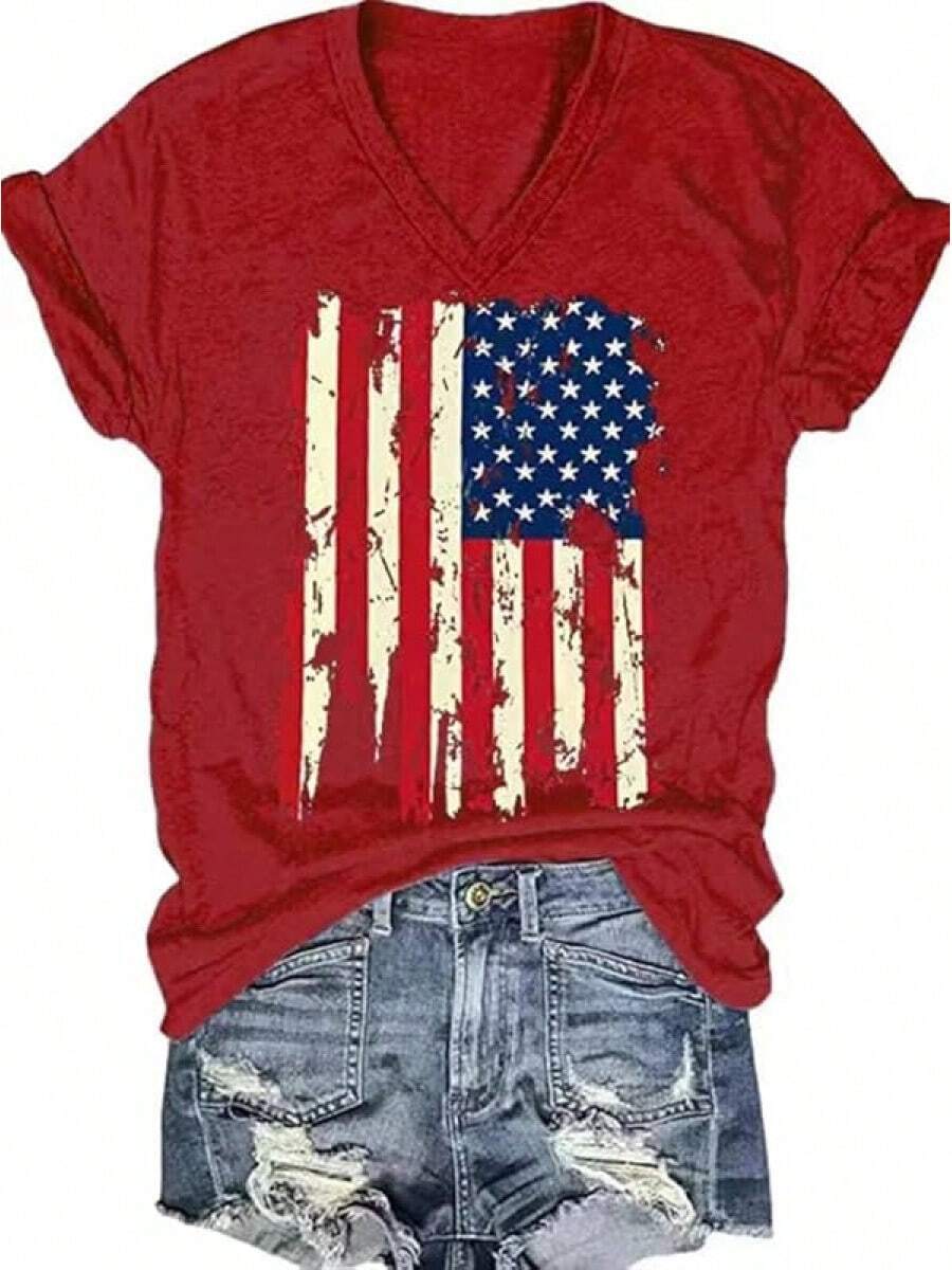 4th Of July V Neck Patriotic T-Shirts Women American Flag Print Faith Family Freedom Letter Casual Short Sleeve Tee Tops Halloween Christmas New Year - 紅色-1 - 查看 1