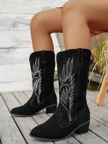 Embroidered Boots New Spring & Autumn Short Boots Chunky Heel Retro Boots, Long Tube Cowboy Boots, Blue Western Boots,Women Boots - Black - View 6