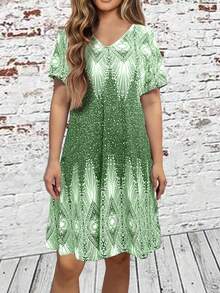Plus Size Women Polka Dot & Geometric V-Neck Midi Dress, Elegant Short Sleeve Spring/Summer Knit Fabric, Medium Stretch - Green - View 4