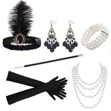 6-Piece Set Of 1920s Women's Headwear, Elegant And Sexy Clothing Accessories, High-End Retro Accessories, Bachelor Party Makeup Ball, Single Feather Hair Strap, Bracelet Gloves, Lace Hand Fan, Hand Decoration 6-Piece Set Halloween - Multicolor - View 3